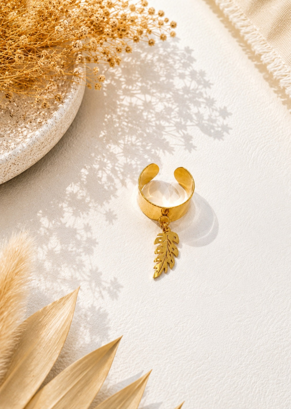Bague acier inoxydable feuille – Fait main