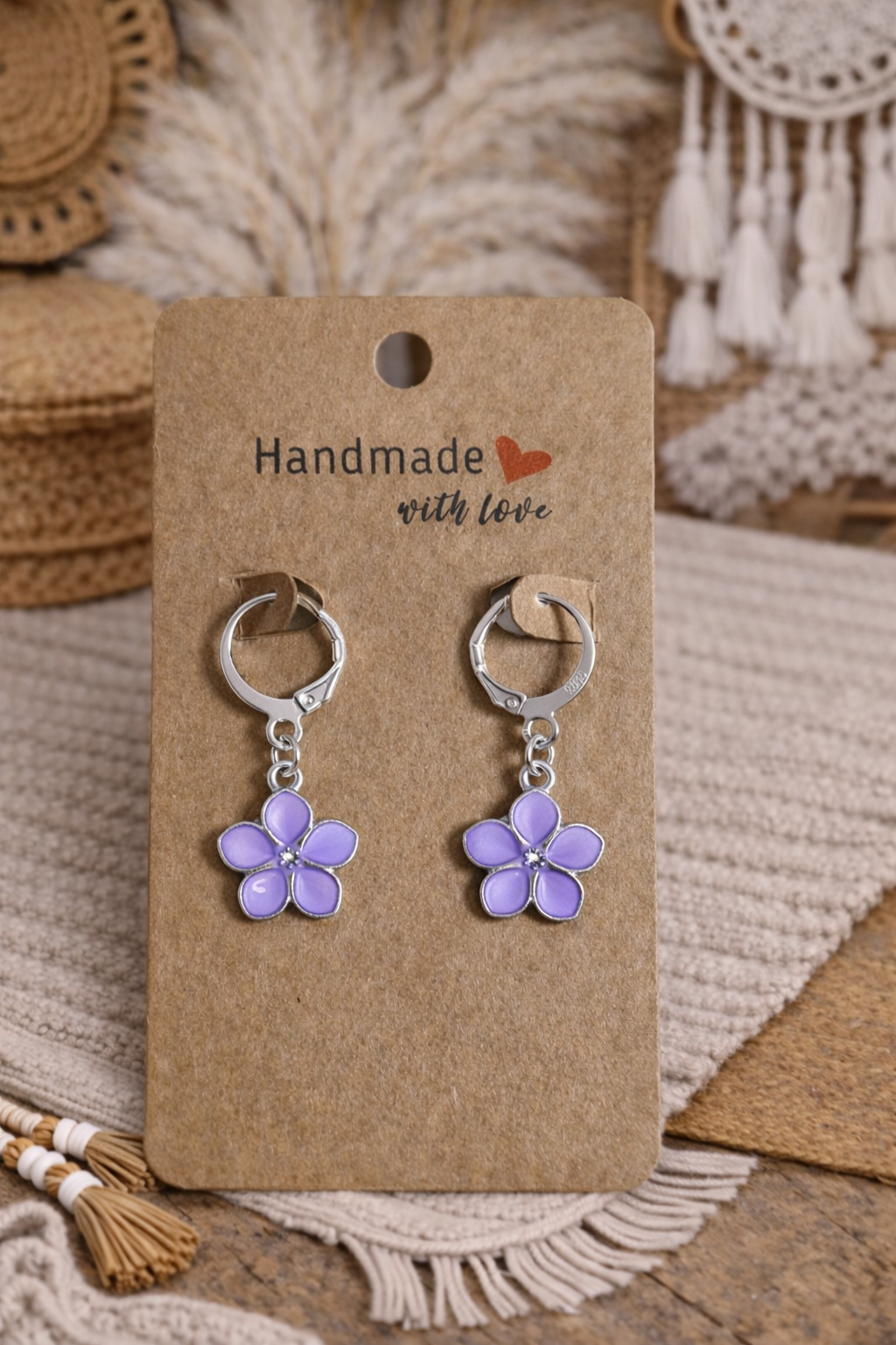 Boucles d’oreilles pendantes Fleur violette - Acier inoxydable - Fait main