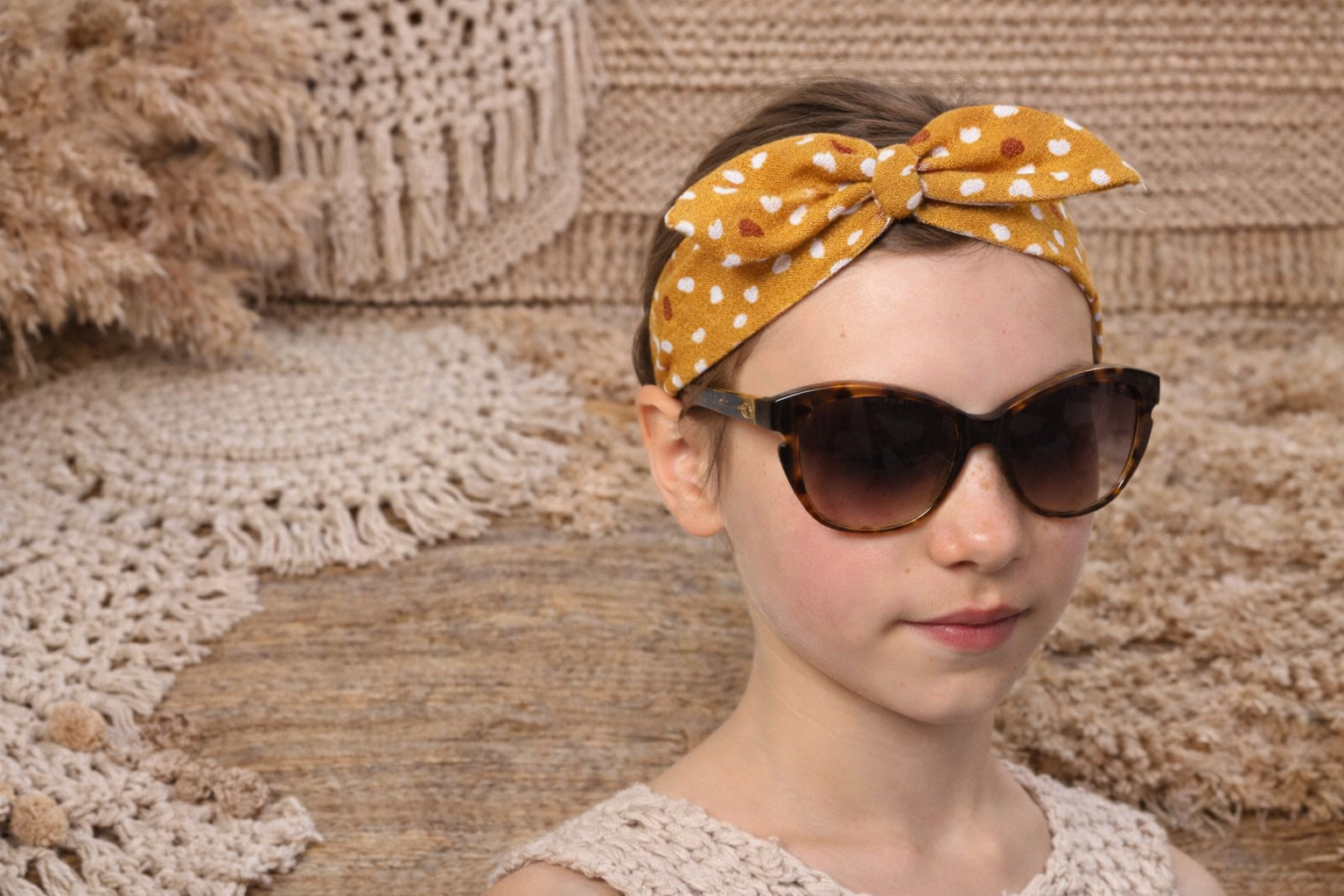 🎀 Bandeau noué en tissu – Moutarde à pois - Fait main