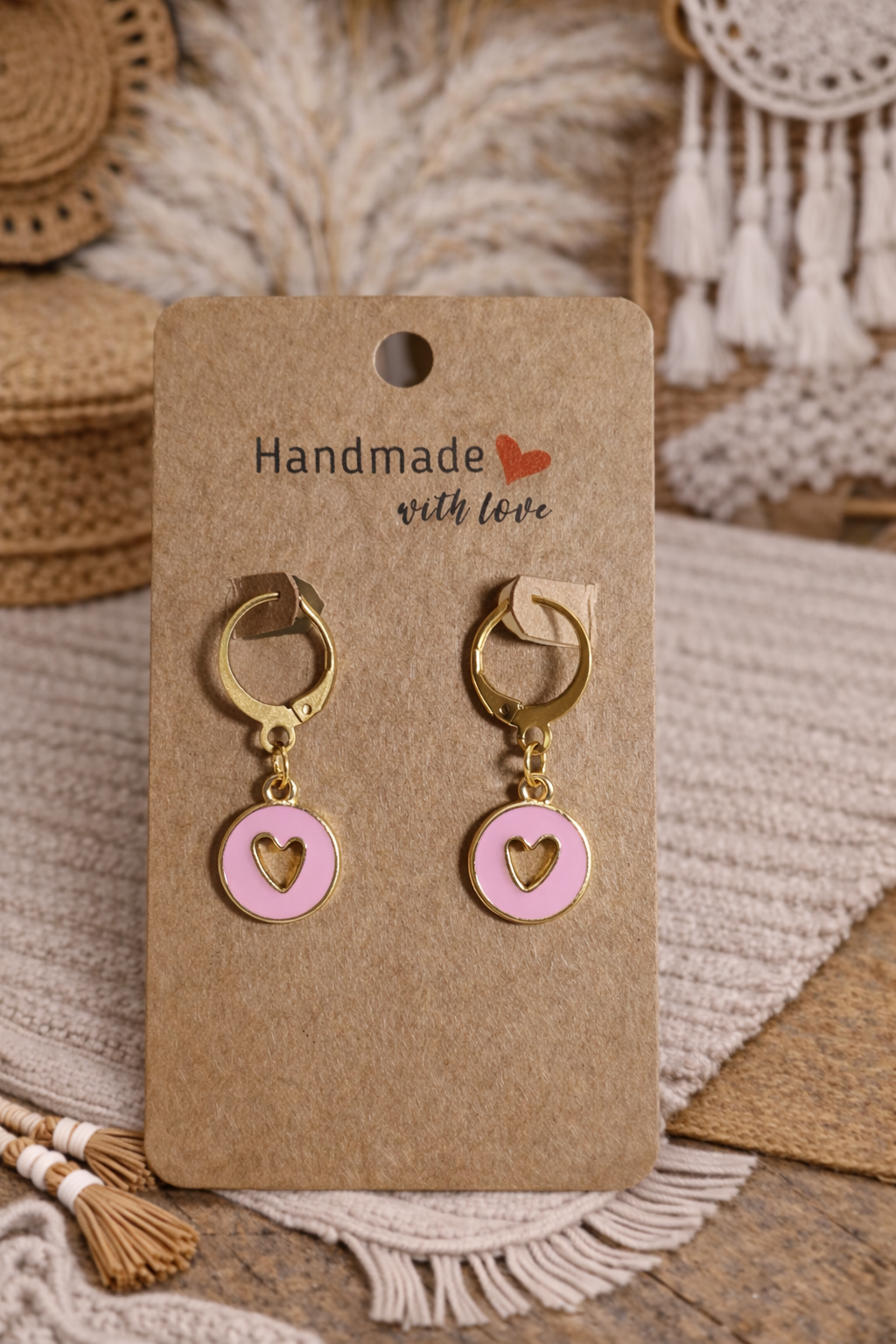 Boucles d’oreilles pendantes Cœur rose - Acier inoxydable - Fait main