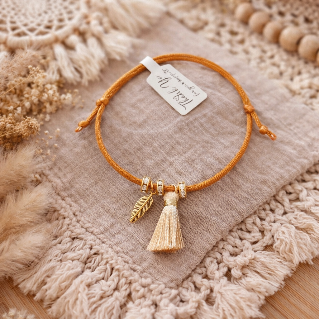Bracelet cordon doré – Pampilles plume & pompon