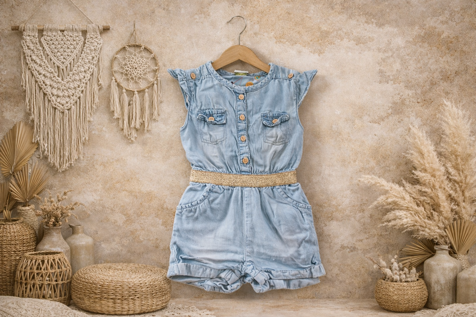 🍼 Combishort bébé en jean clair - Ceinture dorée