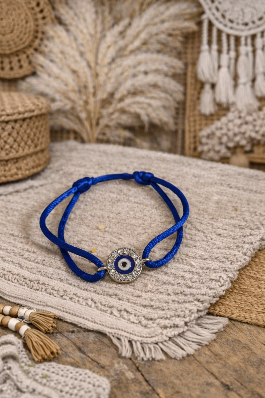 Bracelet cordon bleu Œil bleu & strass - Fait main