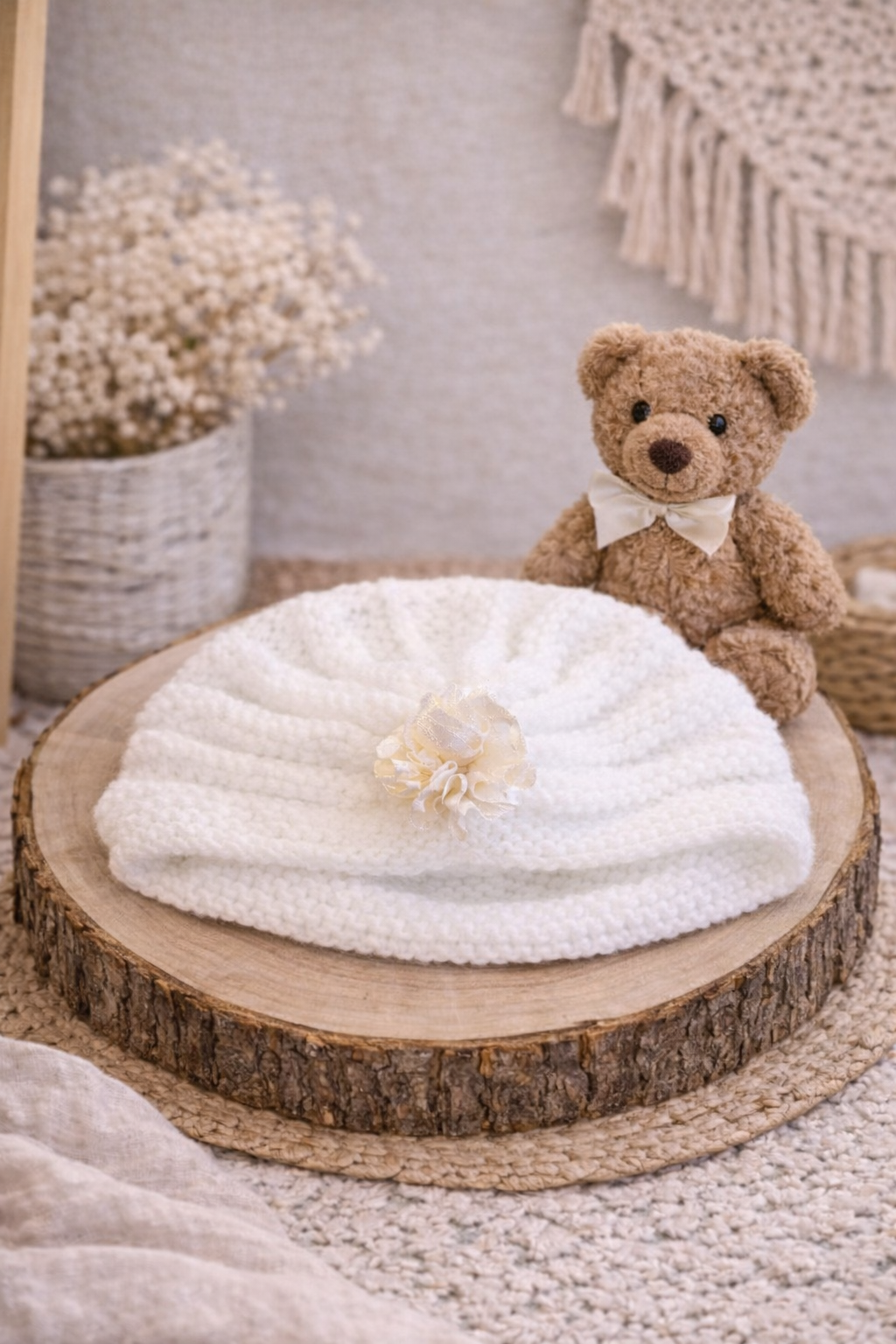 Bonnet bébé tricoté - Blanc & fleur ivoire - Fait main