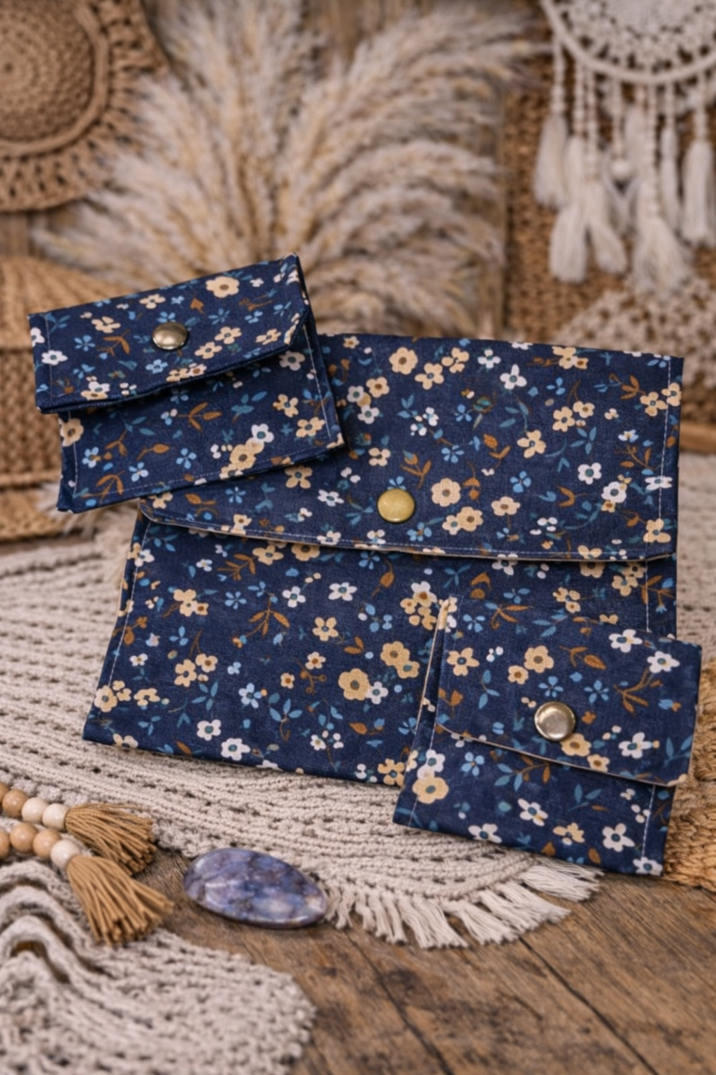 Lot de pochettes en tissu - Bleu marine fleuri (3 formats) - Fait main