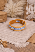 Bracelet en cuir Jaune moutarde & Liberty bleu - Fait main