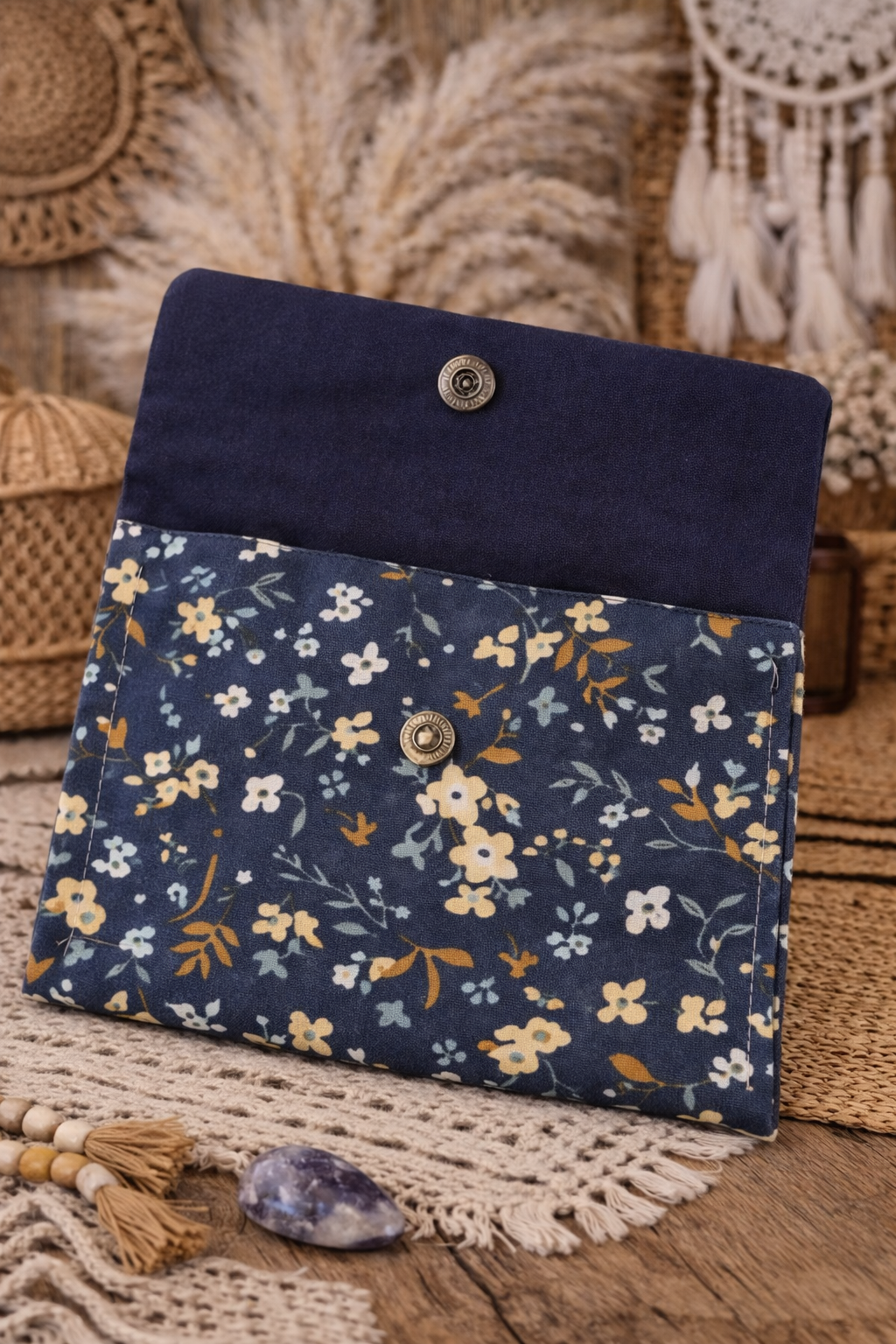 Petite pochette Floral bleu & rabat bleu marine - Fait main