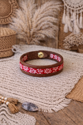 Bracelet en cuir - Marron & motif fleurs rouges - Fait main