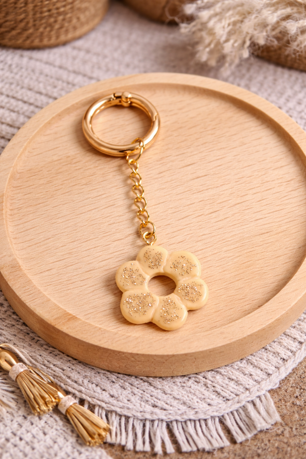 Porte-clés fleur pailletée en pâte Fimo - Fait main