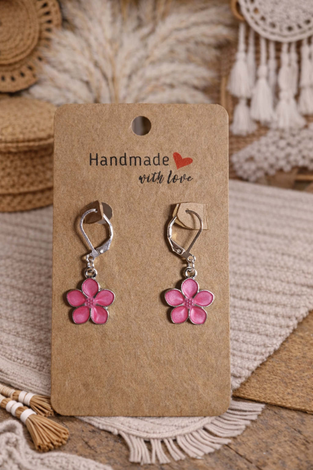 Boucles d’oreilles pendantes Fleur rose - Acier inoxydable - Fait main