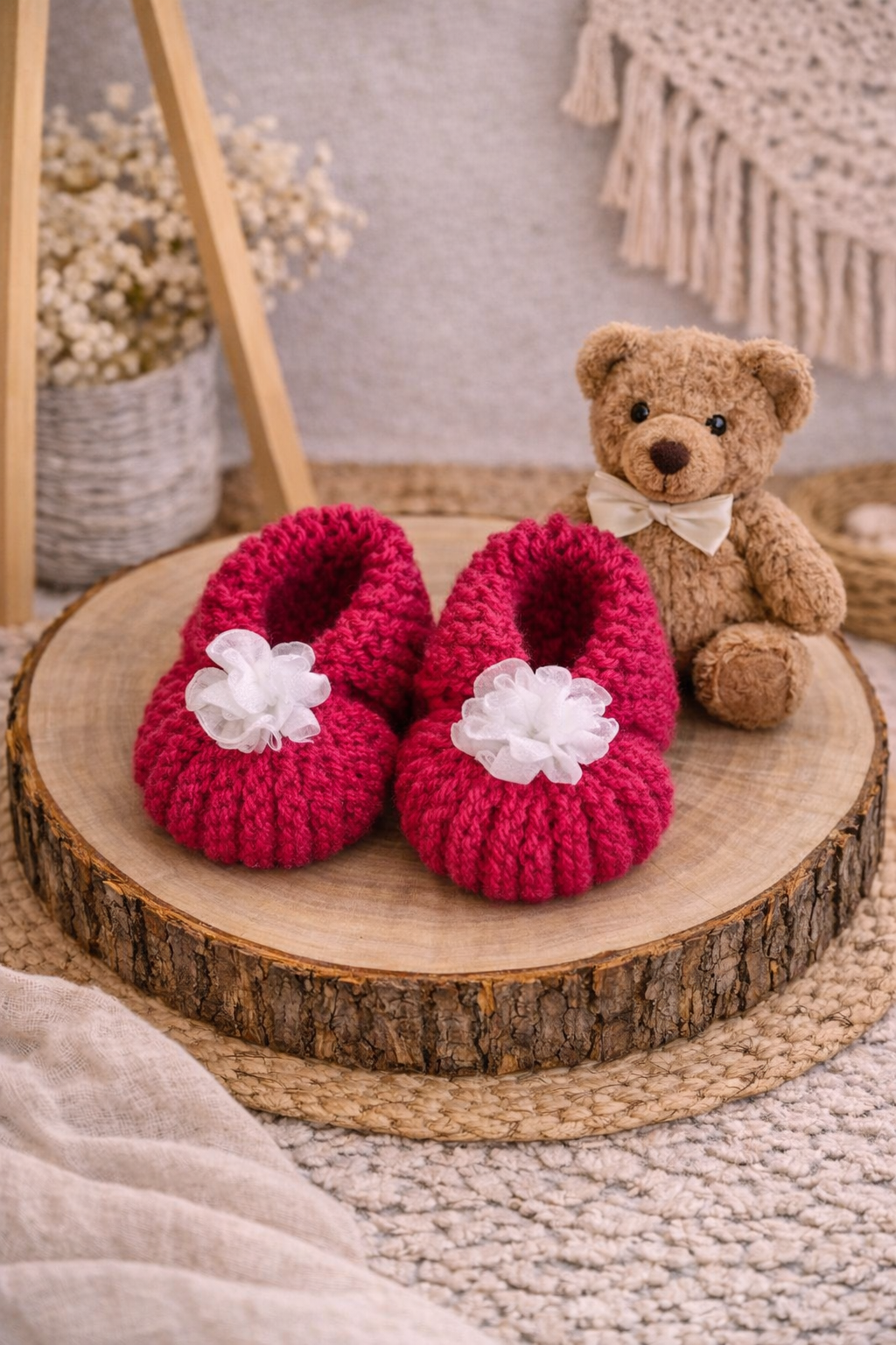 Chaussons bébé tricotés - Fuchsia & fleurs blanches - Fait main
