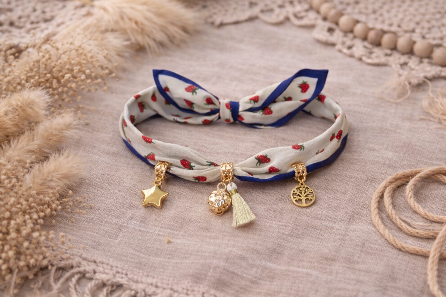 Collier foulard à breloques dorées