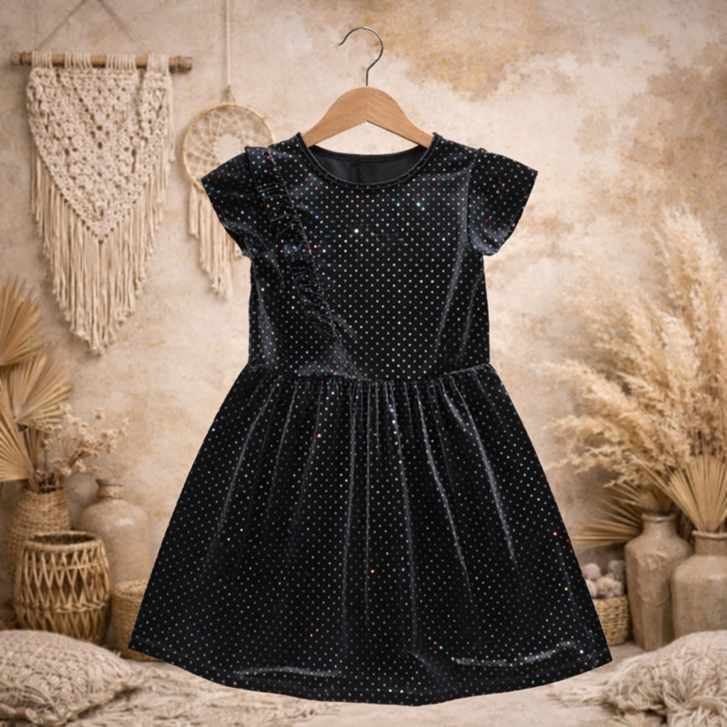 🩷 Robe Enfant - Velours noir à pois brillants