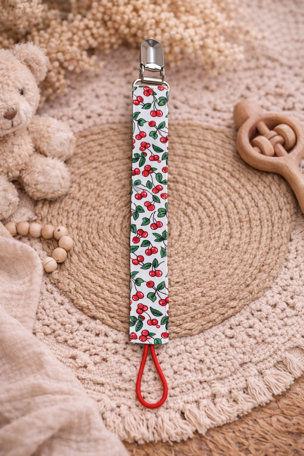 Attache-tétine cerises – Fait main