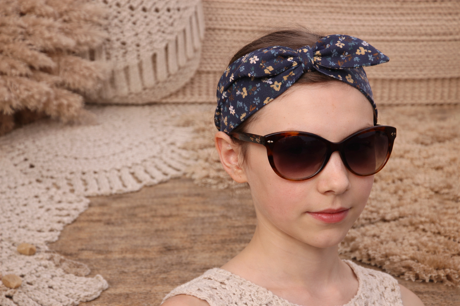 🎀 Bandeau noué en tissu – Bleu marine fleuri - Fait main