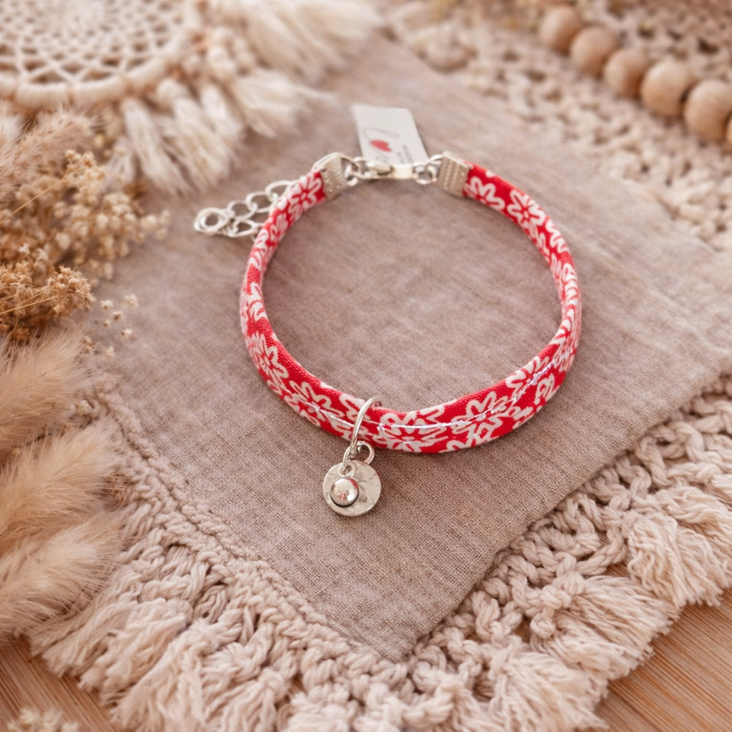 Bracelet tissu fleuri rouge - Fait main