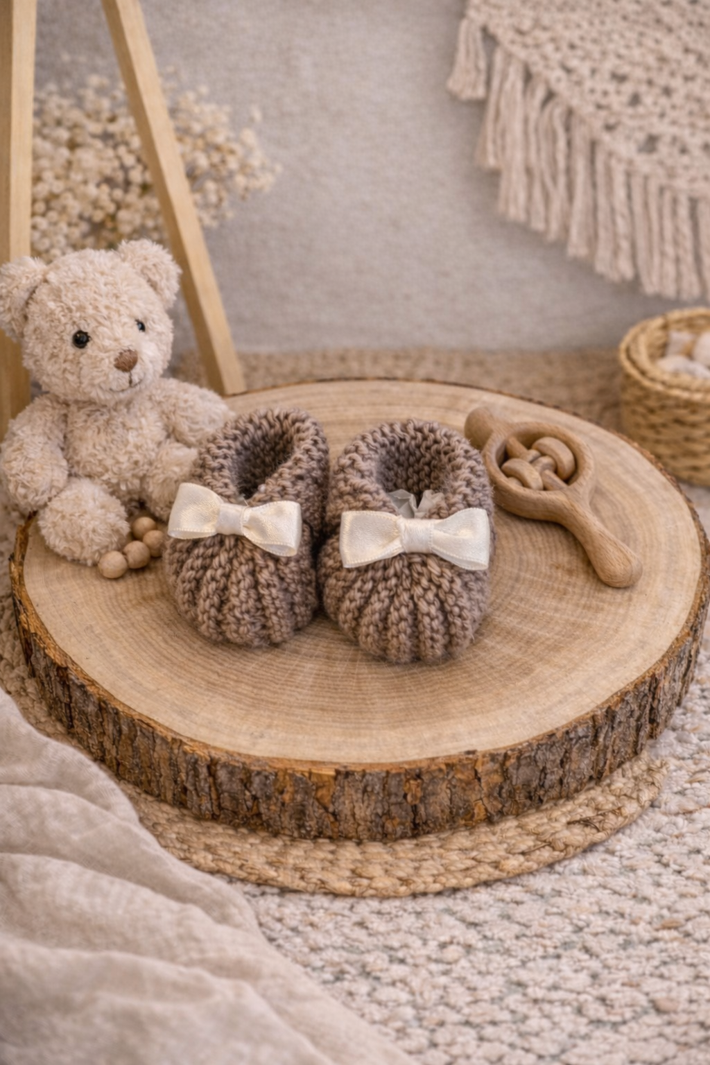 Chaussons bébé tricotés - Taupe & nœuds ivoire - Fait main