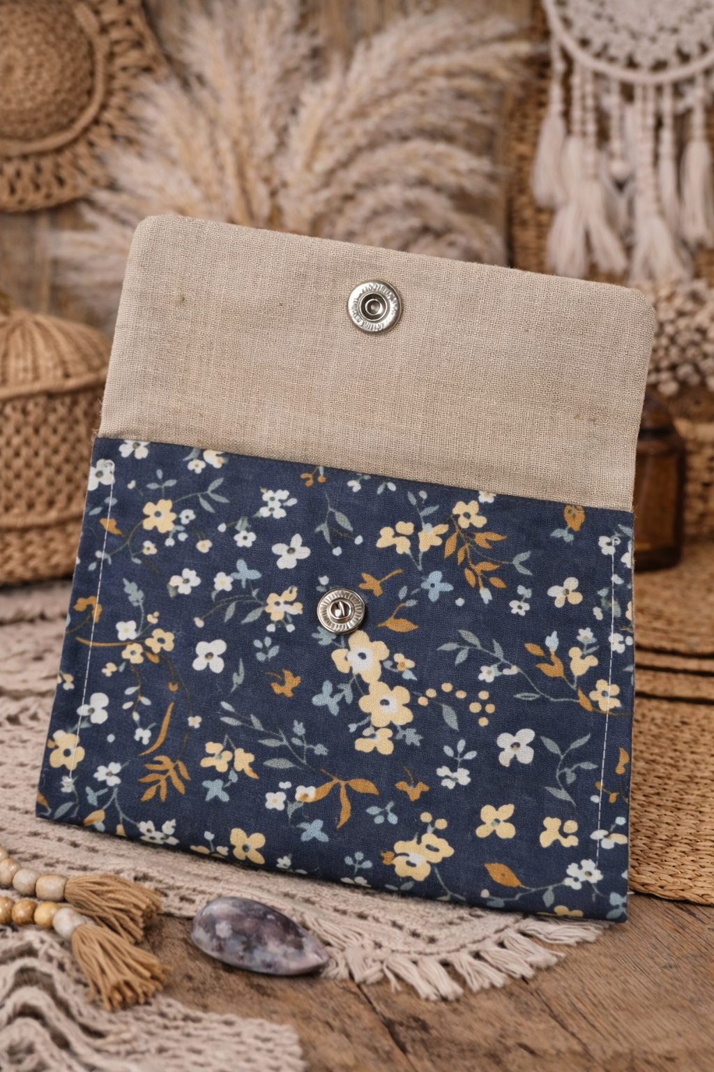 Porte monnaie à pression Floral bleu & rabat beige - Fait main