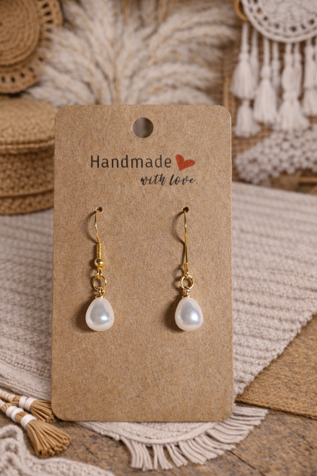 Boucles d’oreilles perle blanche & doré - Acier inoxydable - Fait main